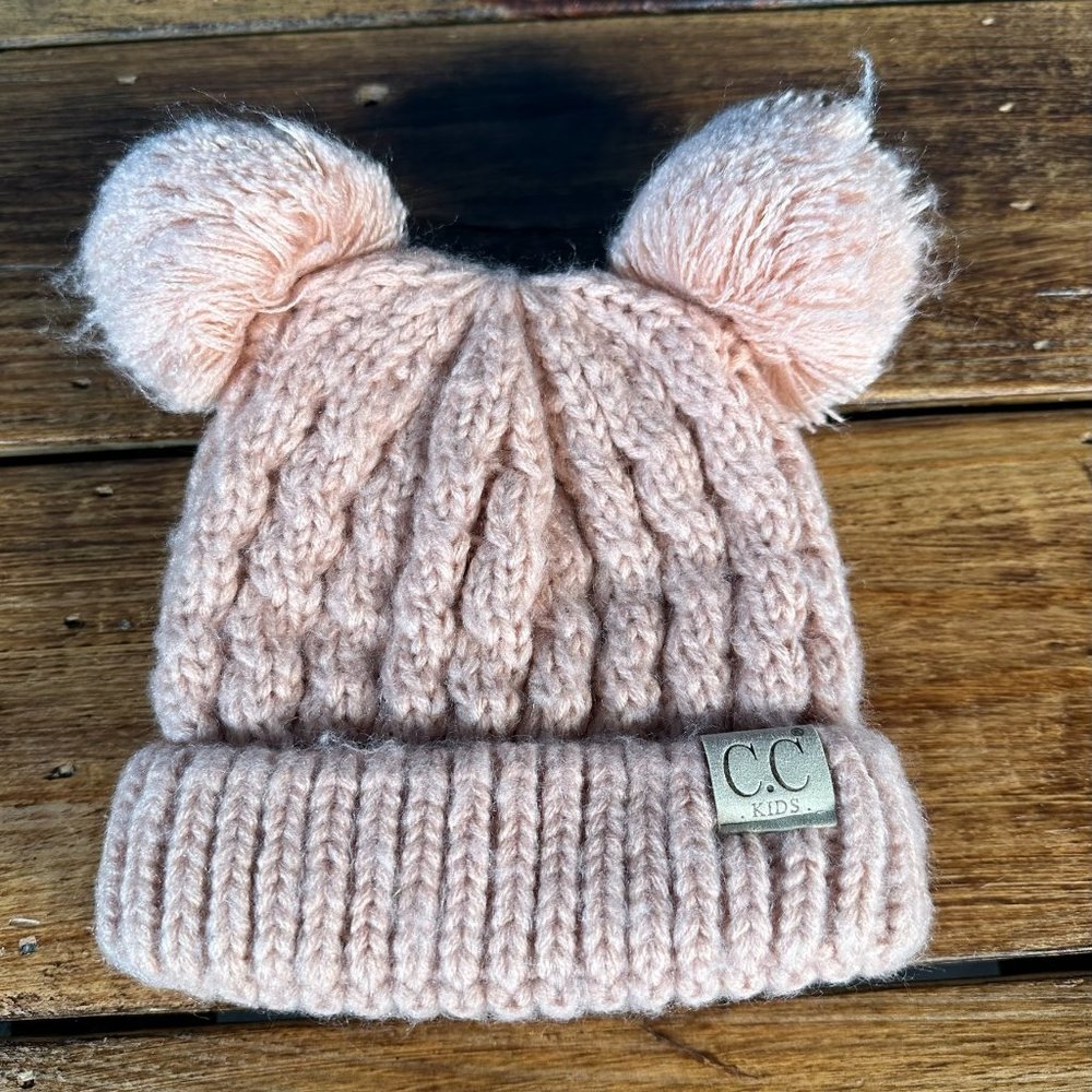 CC Creations Kids Double Pom Knitted Beanies Pink - Picture 2 of 4